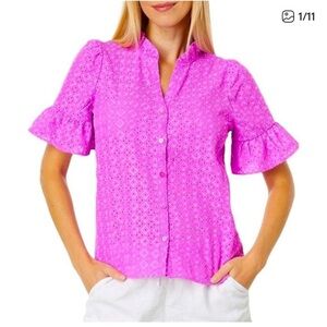 LILLY PULITZER CALYNN Eyelet Blouse in Wild FUCHSIA PINK Size 8